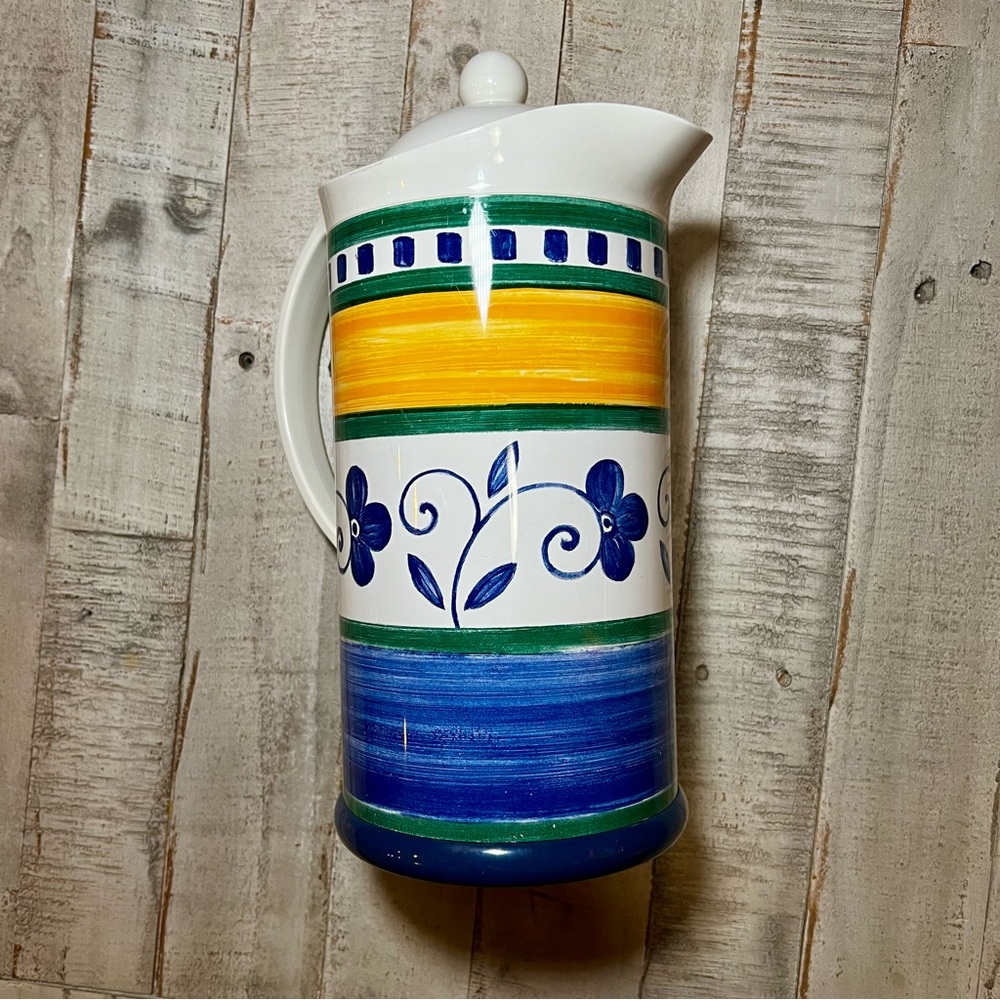 Mikasa Vintage Firenze‎ Thermal Pitcher Insulated Carafe Floral Striped Blue - Picture 3 of 5